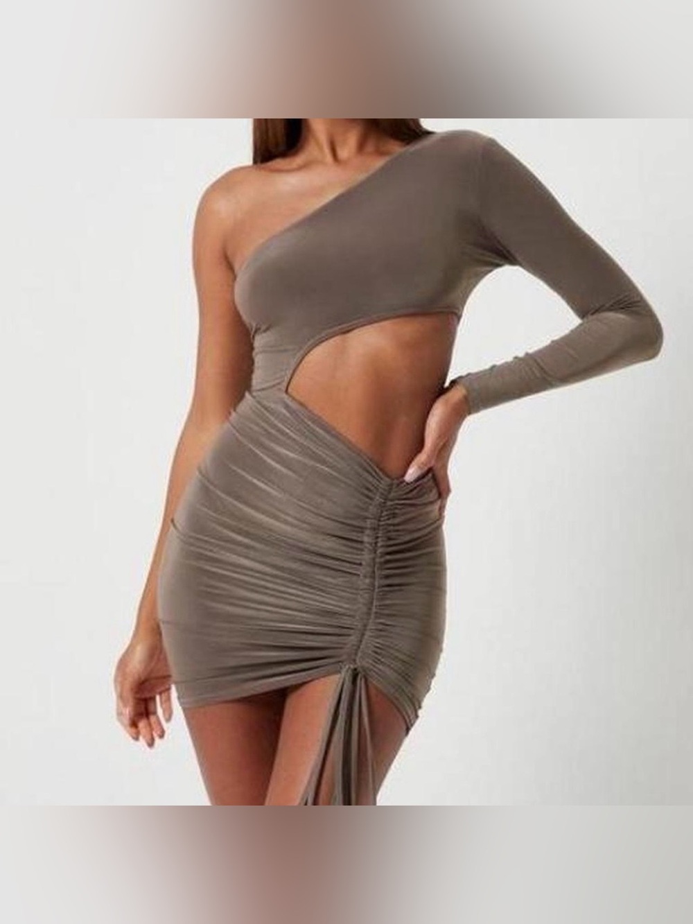 NEW Missguided Slinky‎ One Shoulder Cut Out Ruched Mini Dress 14 Brown Bodycon